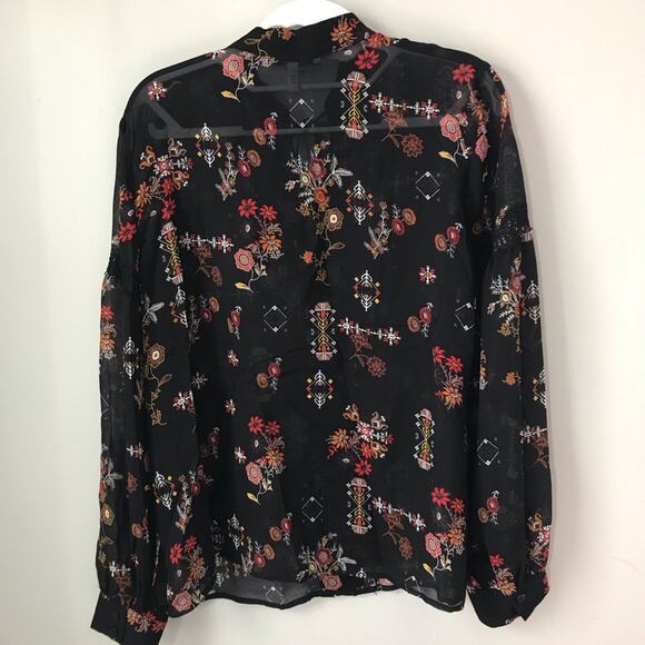 Derek Lam 10 Crosby black silk blouse Aztec floral print 4 long sleeve v neck - Picture 2 of 12